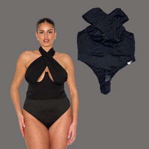 PrettyLittleThing Plus Women's Sz 20 Black Woven Cross Front Underwired Bodysuit